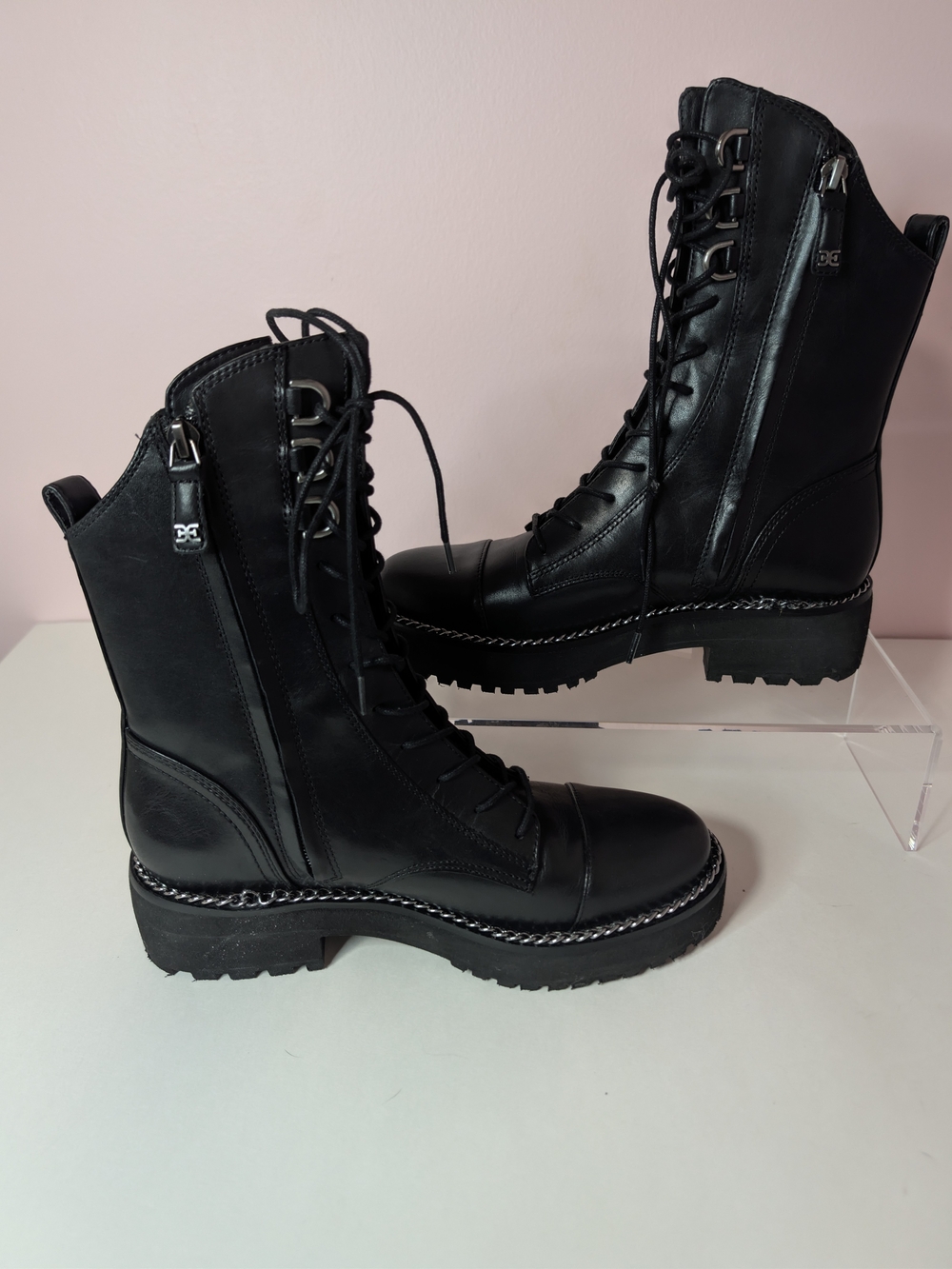 Sam Edelman Lenley Black Leather Combat Boots Size 6 Chain Trim Chunky Lug Sole